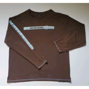 Vtg Y2k Nautica Jeans Brown Long Sleeve Shirt Spell Out Stripe Sz XXL Distressed